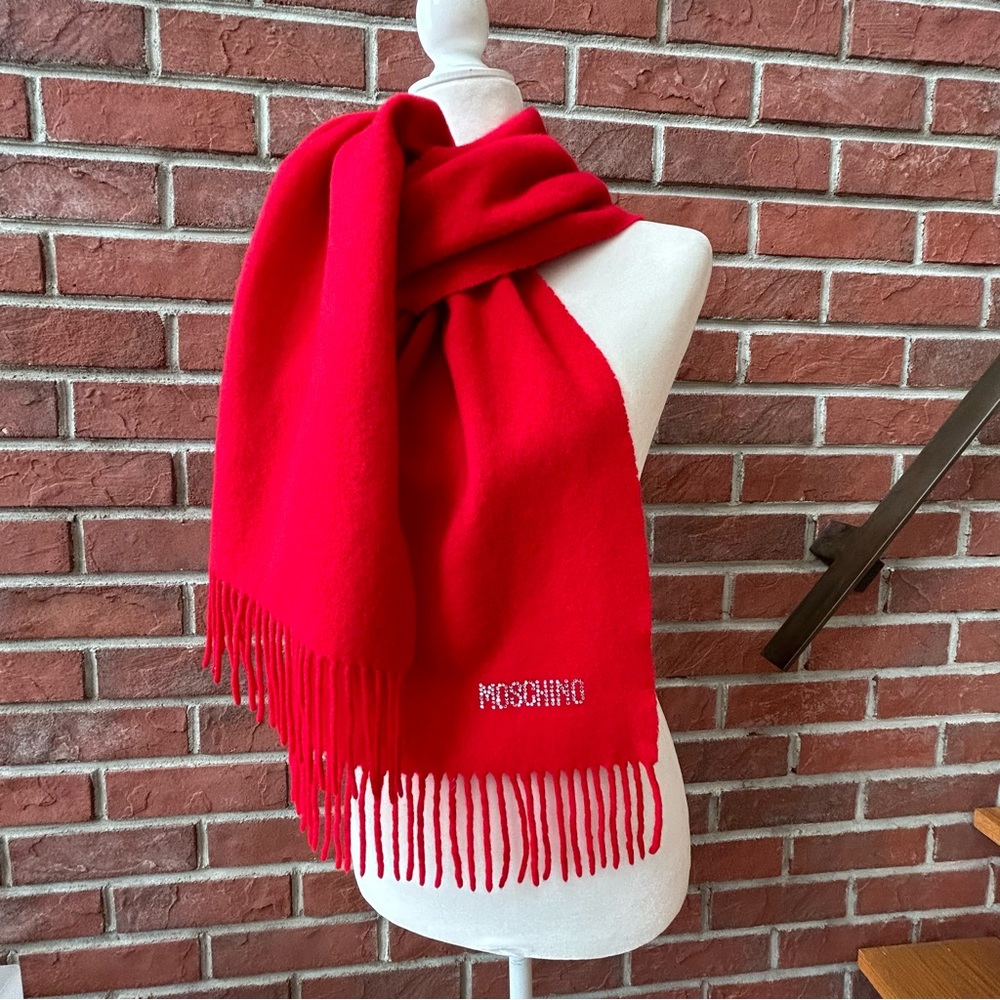 •Moschino Oversized Red Wool Rhinestones Logo Fringed Scarf 68”x14”Made in Italy